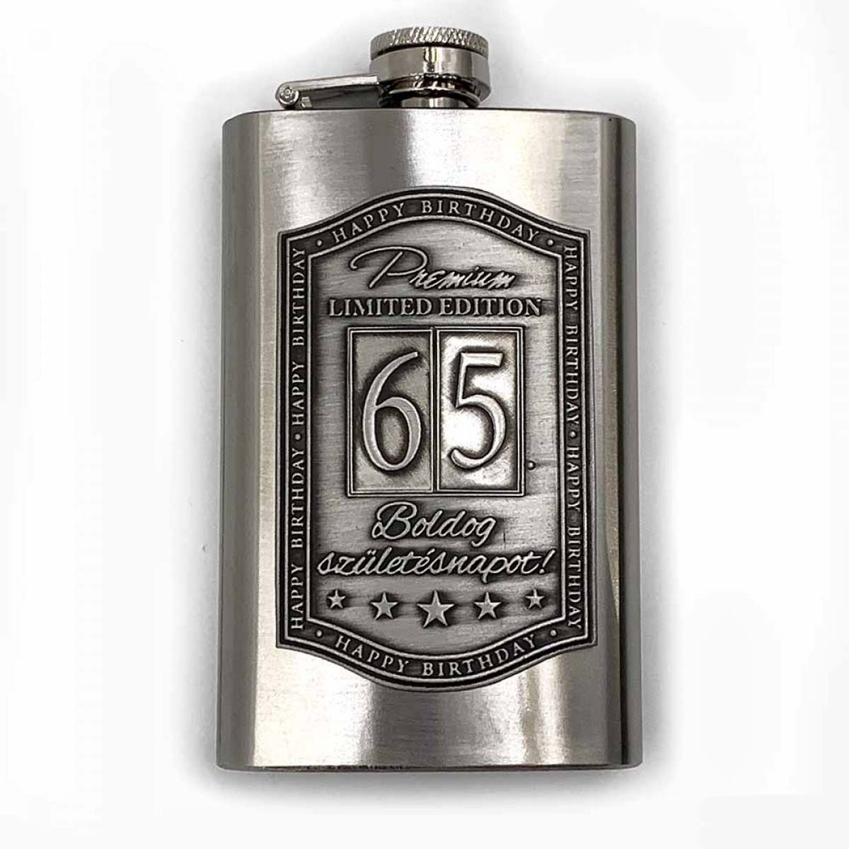 (FL039) Óncímkés flaska laposüveg - 65. Boldog Születésnapot - Keretes - Szülinapi Ajándék
