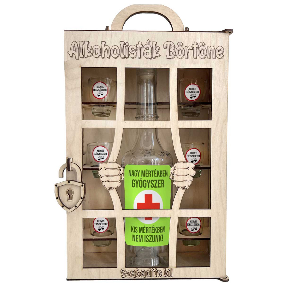 Börtönös Pálinkás Italos Szett - Alkoholisták Börtöne Italos Szett – Vicces Ajándék Pálinkás üveggel és Poharakkal Fa Börtön Díszdobozban