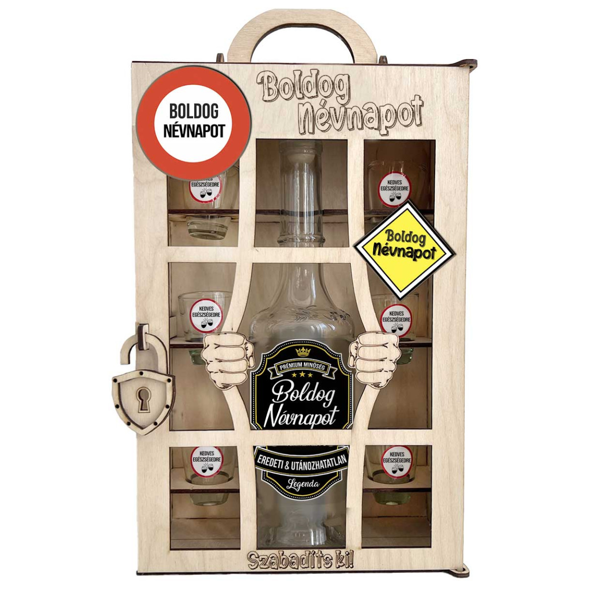 Börtönös Pálinkás Italos Szett - Boldog Névnapot Italos Szett – Vicces Névnapi Ajándék Pálinkás üveggel és Poharakkal Fa Börtön Díszdobozban