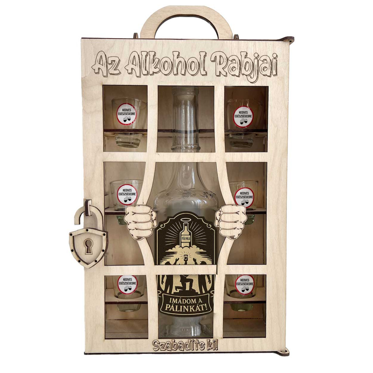 Börtönös Pálinkás Italos Szett - Az Alkohol Rabjai Italos Szett – Vicces Ajándék Pálinkás üveggel és Poharakkal Fa Börtön Díszdobozban