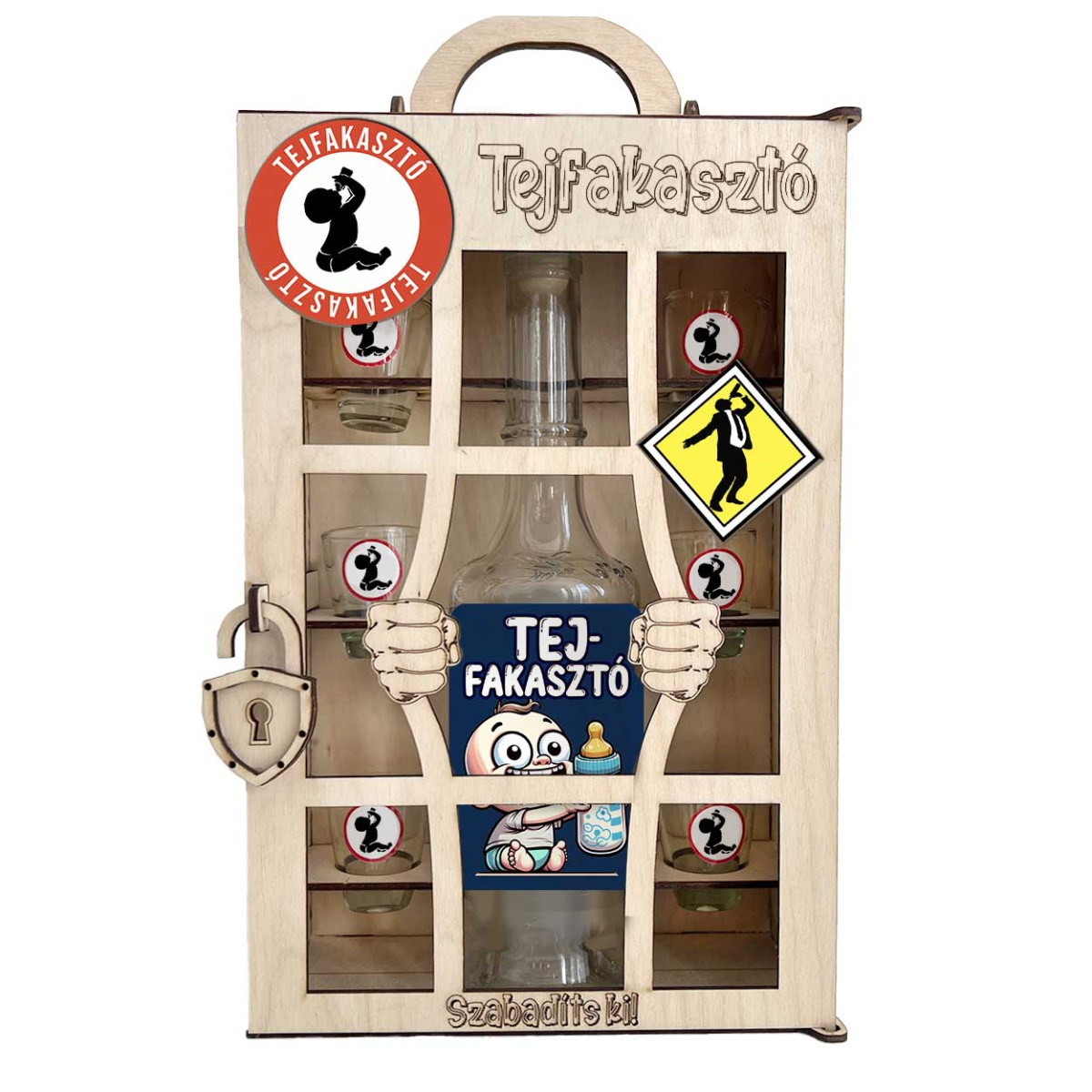 Börtönös Pálinkás Italos Szett - Tejfakasztó Italos Szett – Vicces Ajándék Tejfakasztóra Pálinkás üveggel és Poharakkal Fa Börtön Díszdobozban