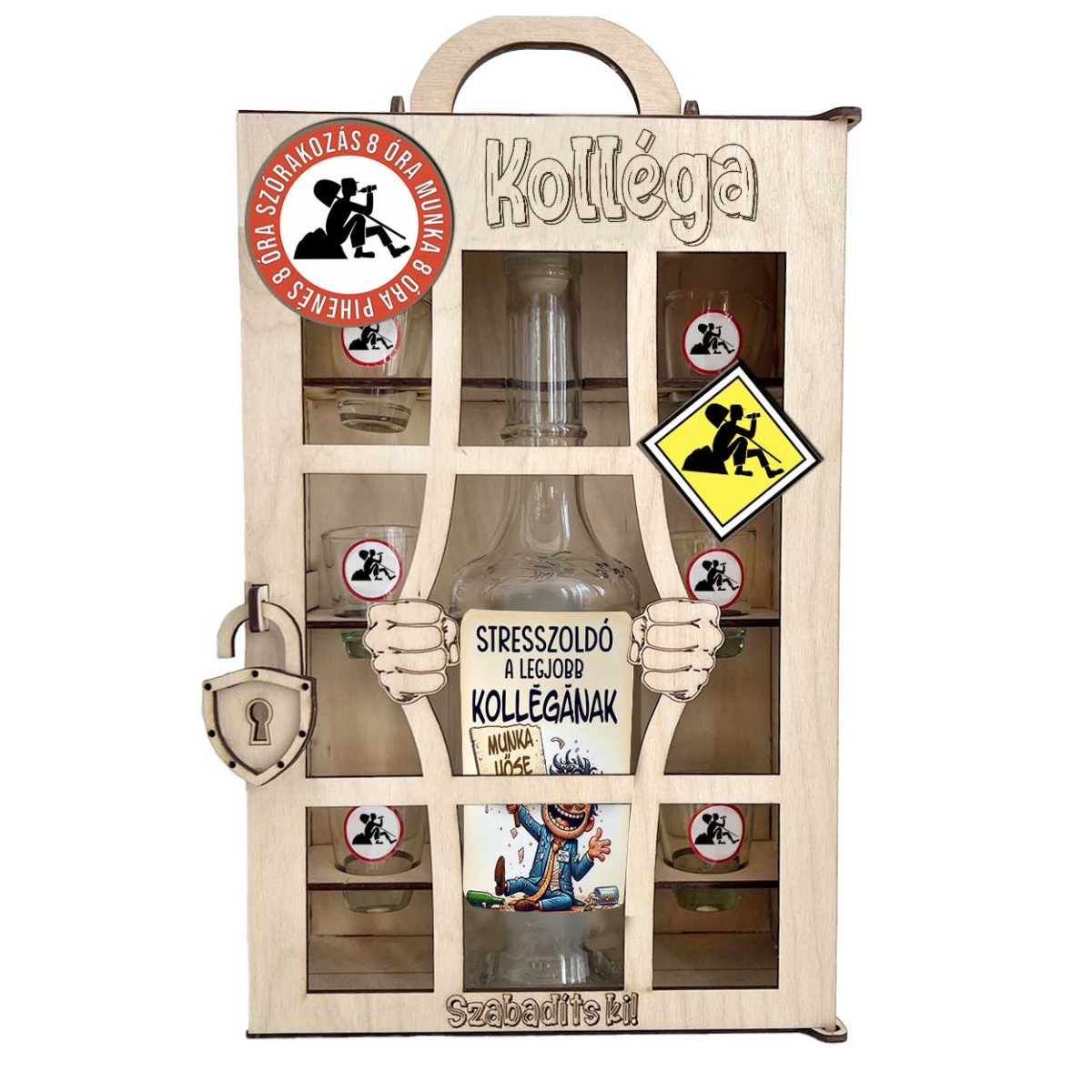 Börtönös Pálinkás Italos Szett - Kolléga Italos Szett – Vicces Ajándék Kollégának Pálinkás üveggel és Poharakkal Fa Börtön Díszdobozban