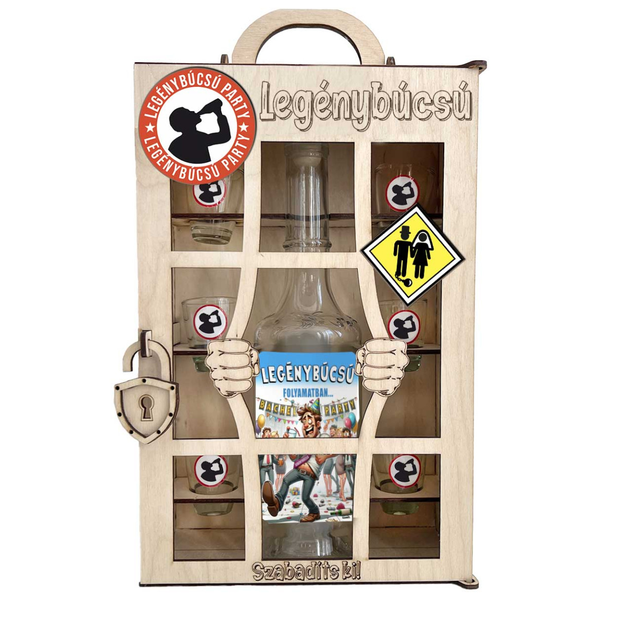 Börtönös Pálinkás Italos Szett - Legénybúcsú Italos Szett – Vicces Legénybúcsú Kellék Pálinkás üveggel és Poharakkal Fa Börtön Díszdobozban