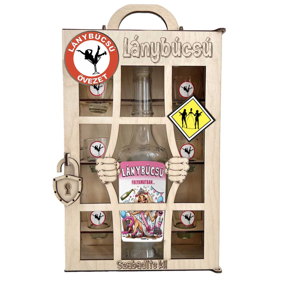 Börtönös Pálinkás Italos Szett - Lánybúcsú Italos Szett – Vicces Lánybúcsú Kellék Pálinkás üveggel és Poharakkal Fa Börtön Díszdobozban