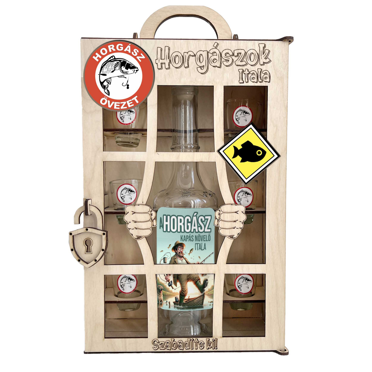 Börtönös Pálinkás Italos Szett - Horgászos Italos Szett – Vicces Horgász Ajándék Pálinkás üveggel és Poharakkal Fa Börtön Díszdobozban