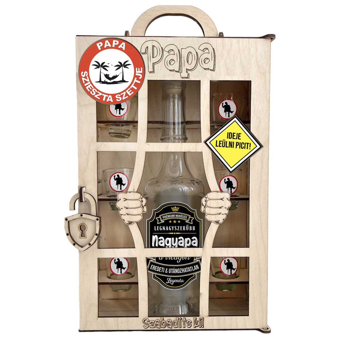 Börtönös Pálinkás Italos Szett - Papa Italos Szett – Apák Napi Ajándék Pálinkás üveggel és Poharakkal Fa Börtön Díszdobozban