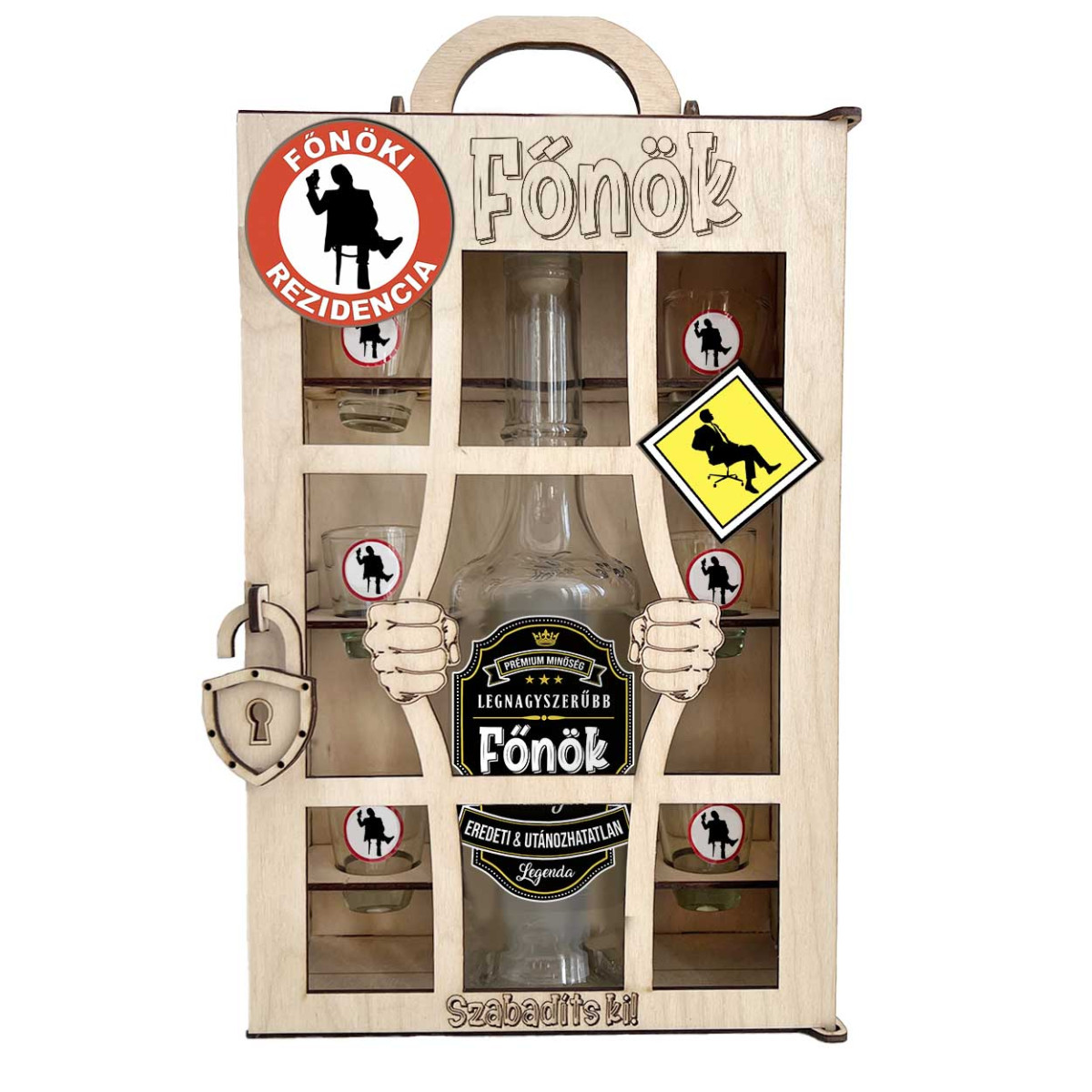 Börtönös Pálinkás Italos Szett - Főnök Italos Szett – Főnöknek Ajándék Pálinkás üveggel és Poharakkal Fa Börtön Díszdobozban