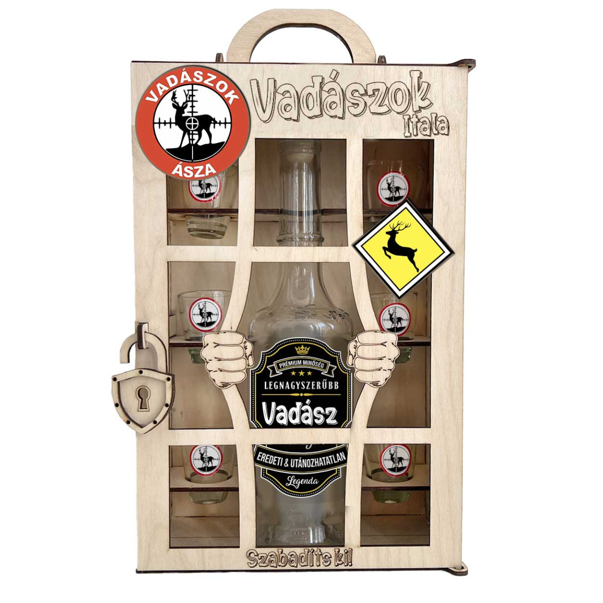 Börtönös Pálinkás Italos Szett - Vadászok Itala Italos Szett – Vadásznak Ajándék Pálinkás üveggel és Poharakkal Fa Börtön Díszdobozban