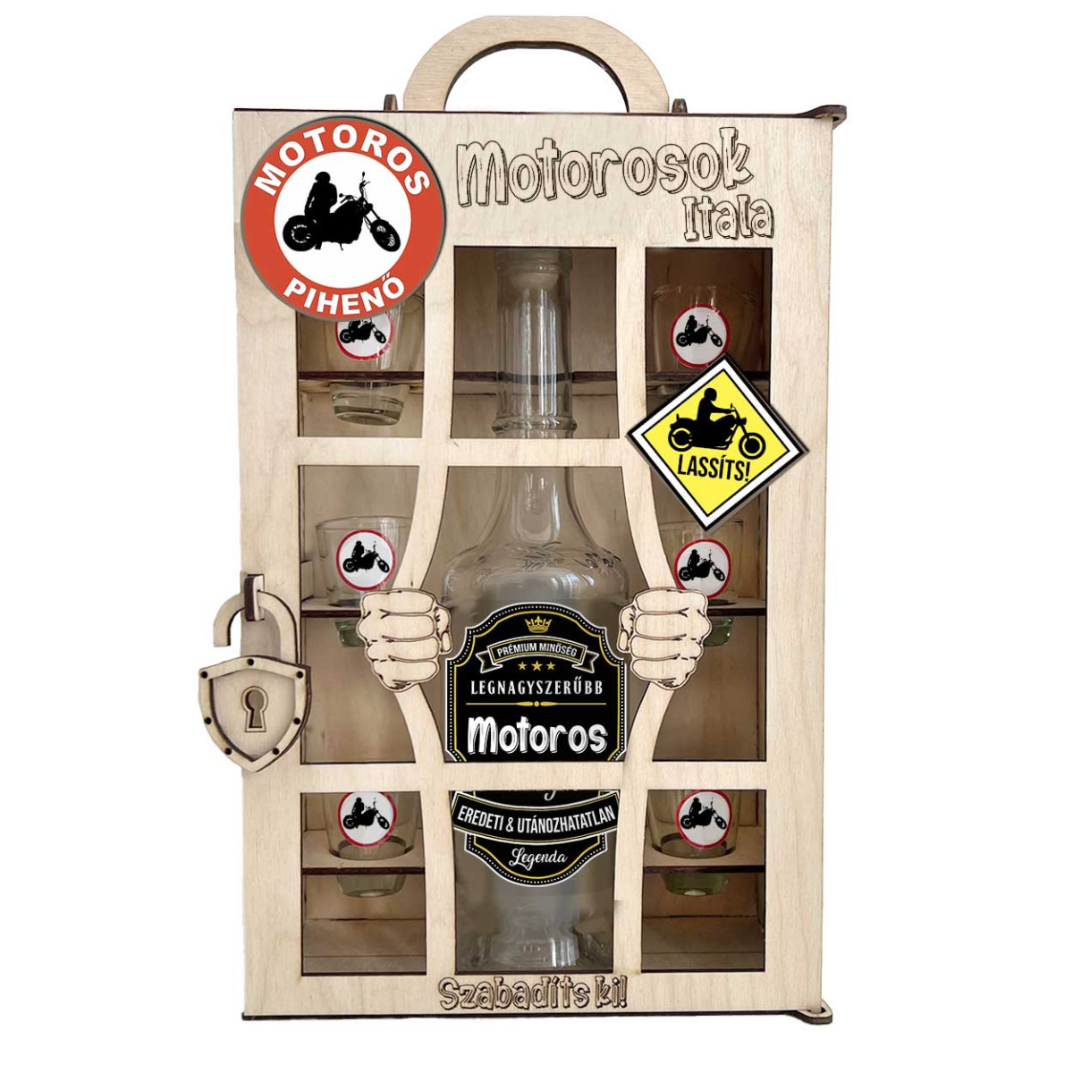 Börtönös Pálinkás Italos Szett - Motorosok Itala Italos Szett – Motoros Ajándék Pálinkás üveggel és Poharakkal Fa Börtön Díszdobozban