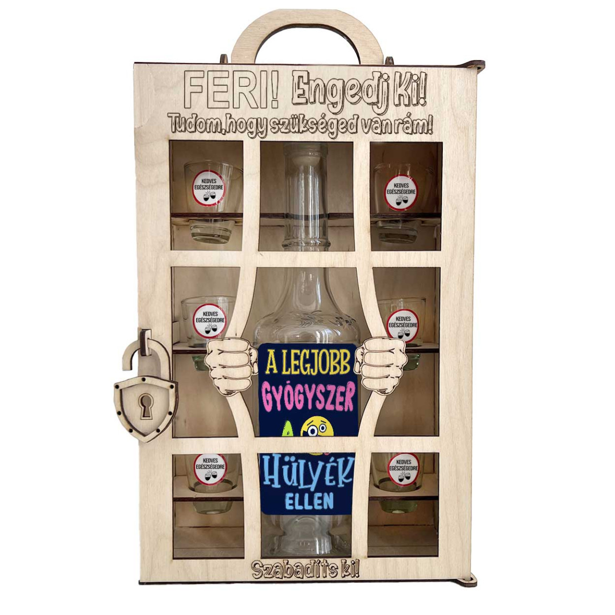 Börtönös Pálinkás Italos Szett - Egyedi Neves Italos Szett NÉV Engedj Ki – Vicces Ajándék Pálinkás üveggel és Poharakkal Fa Börtön Díszdobozban