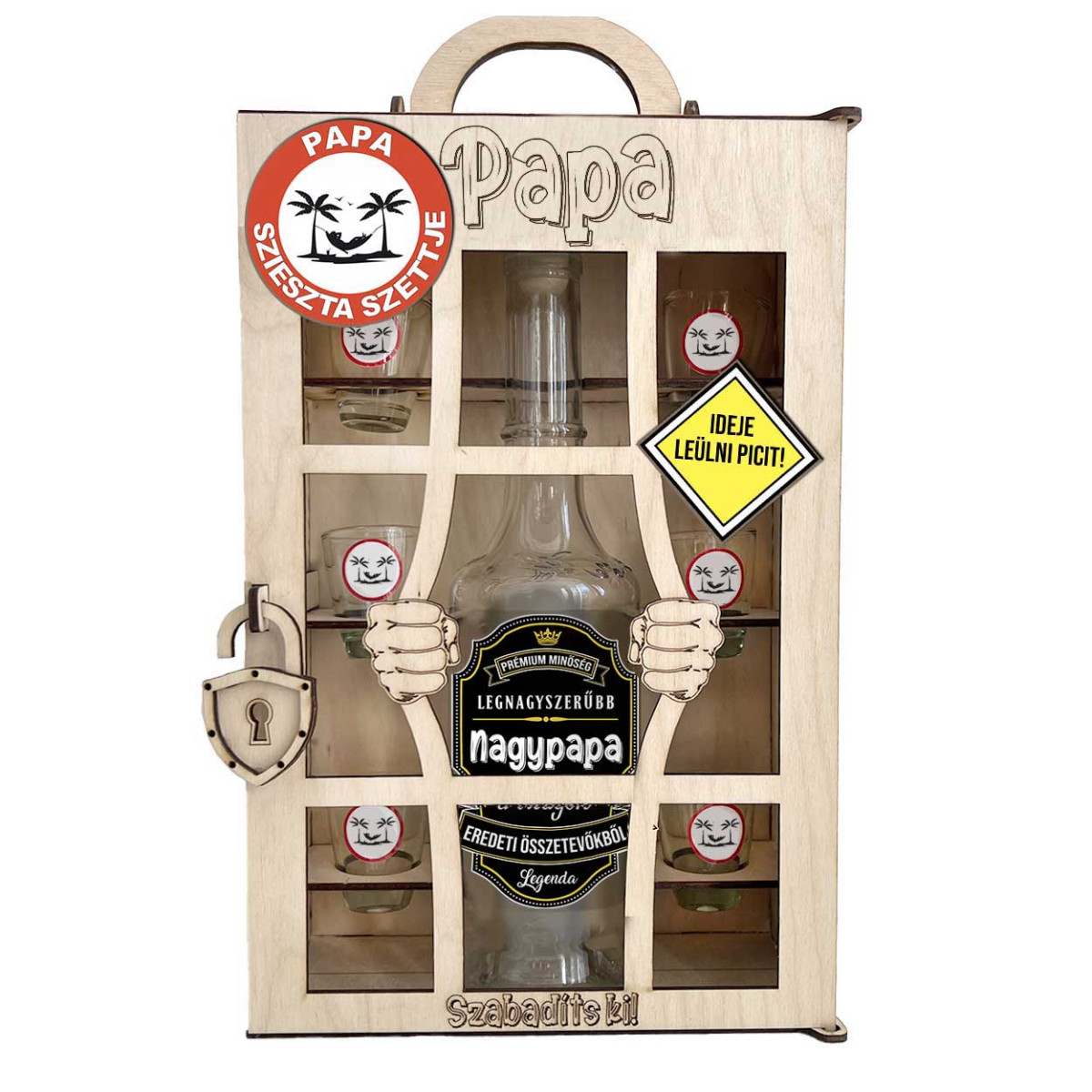 Börtönös Pálinkás Italos Szett - Papa Italos Szett – Apák Napi Ajándék Pálinkás üveggel és Poharakkal Fa Börtön Díszdobozban