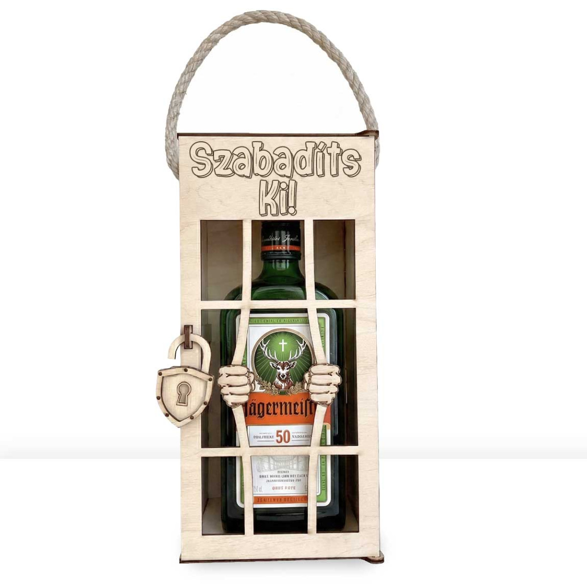 Vicces Börtönös Italos Díszdoboz Fa Italtartó 0,7 l Italokhoz - Szabadíts Ki felirattal Gravírozva - 37,5 x 12,5 x 15 cm