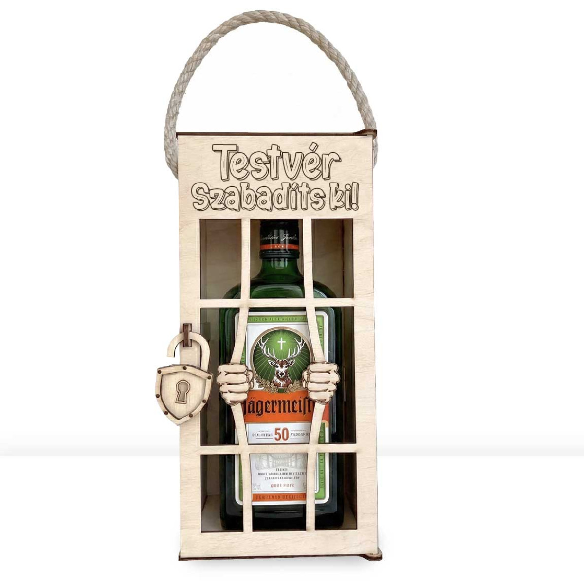 Vicces Börtönös Italos Díszdoboz Fa Italtartó 0,7 l Italokhoz - Testvér Szabadíts ki! felirattal Gravírozva - Ajándék Testvérnek