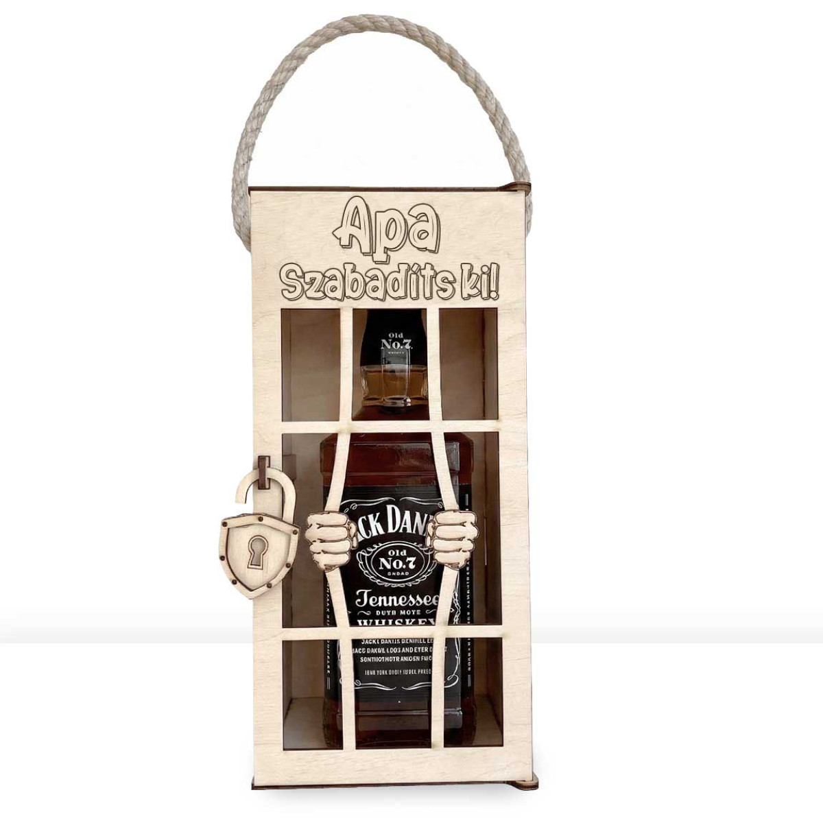 Vicces Börtönös Italos Díszdoboz Fa Italtartó 0,7 l Italokhoz - Apa Szabadíts ki! felirattal Gravírozva - Ajándék Apának