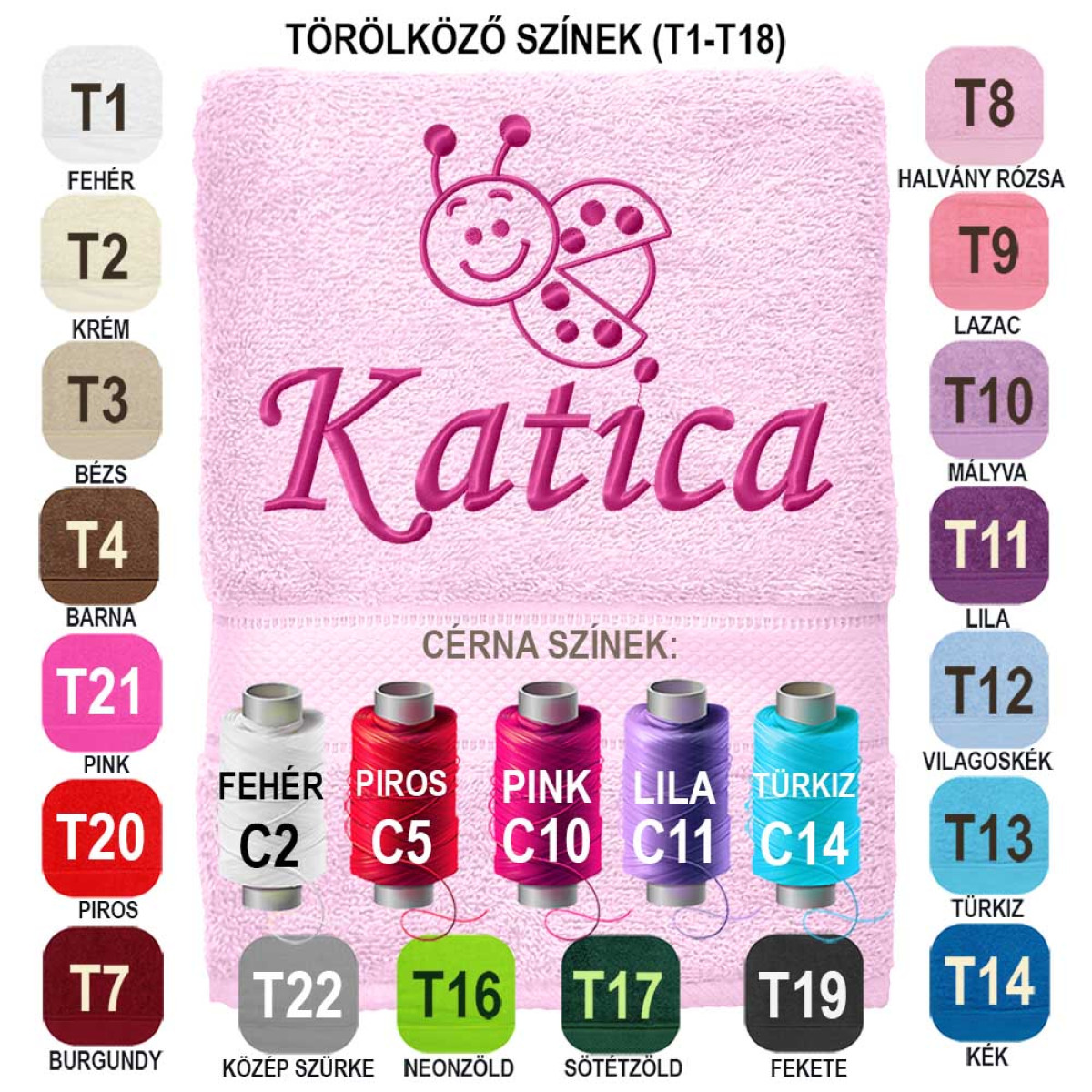 Egyedi Hímzett Törölköző ⭐ Hímzett Neves Törölköző Katica Mintával ⭐ Neves Ajándék ⭐ Névre Szóló Egyedi Törölköző