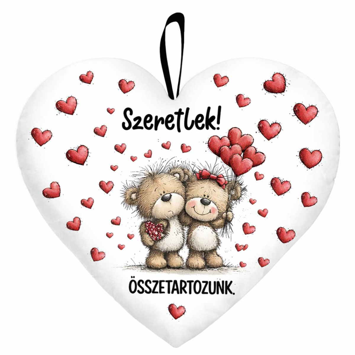 Kicsi szív párna (25×21 cm) „Szeretlek, összetartozunk” macis Valentin-napi ajándék