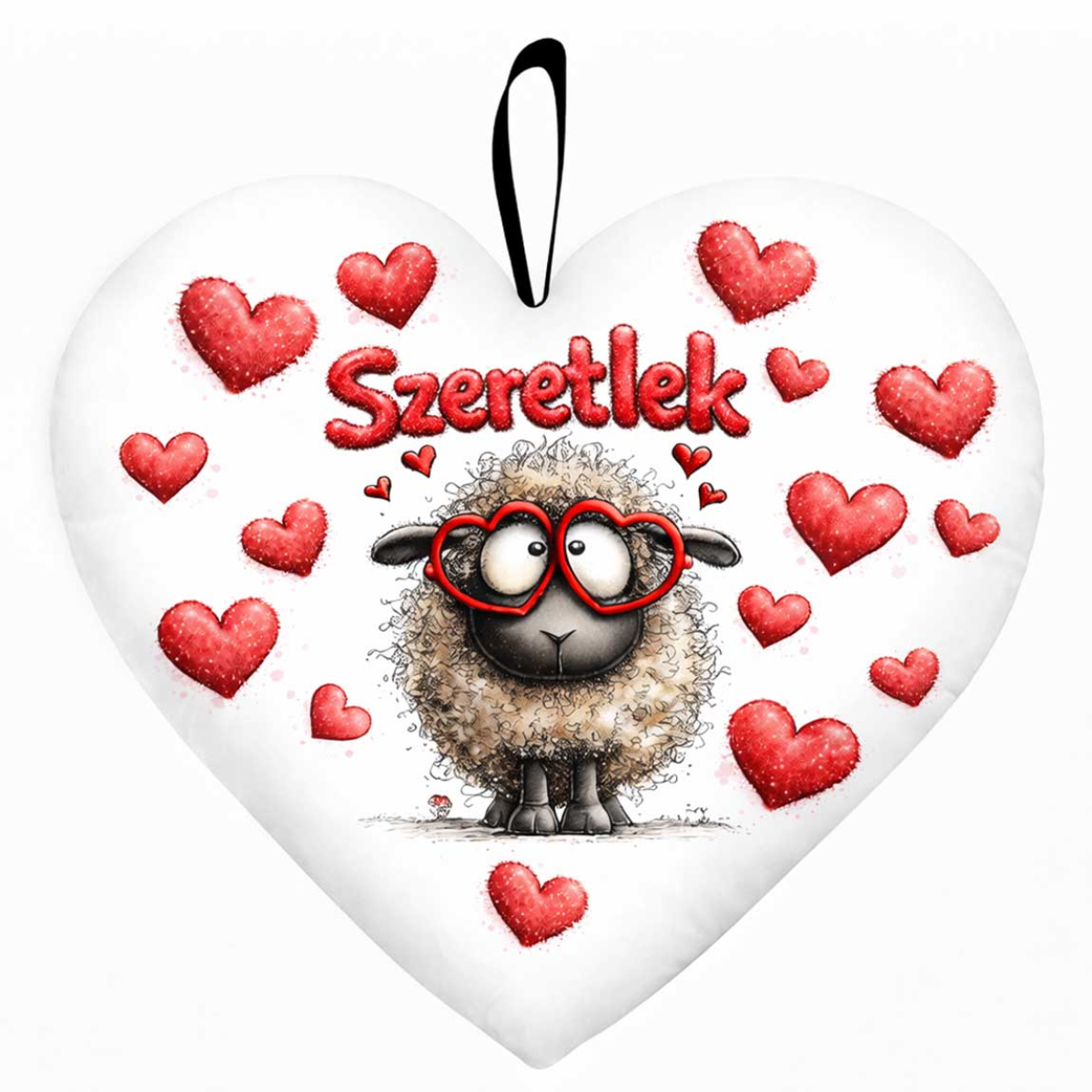 Kicsi szív párna (25×21 cm) Szeretlek | Valentin napi ajándék szemüveges bárányos mintával