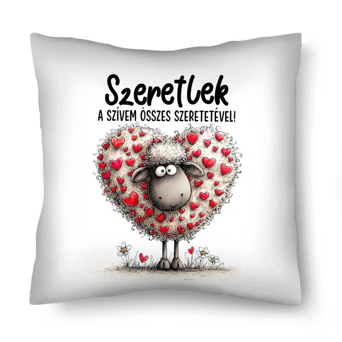Díszpárna (26×26 cm) „Szeretlek a szívem összes szeretetével!” – Szerelmes bárányos párna | Valentin napi ajándék