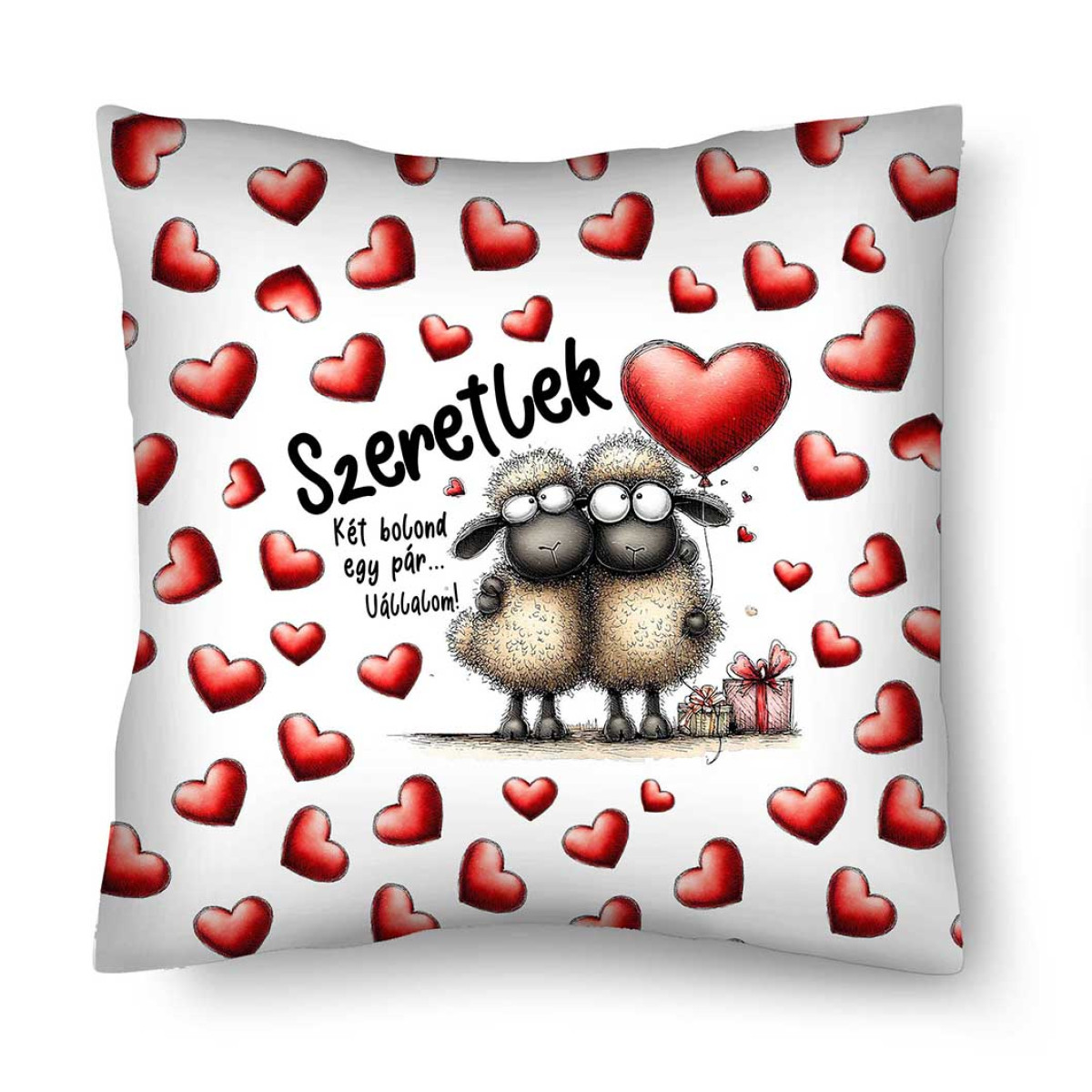 Díszpárna (26×26 cm) „Szeretlek – két bolond egy pár” – Szerelmes bárányos párna | Valentin napi ajándék