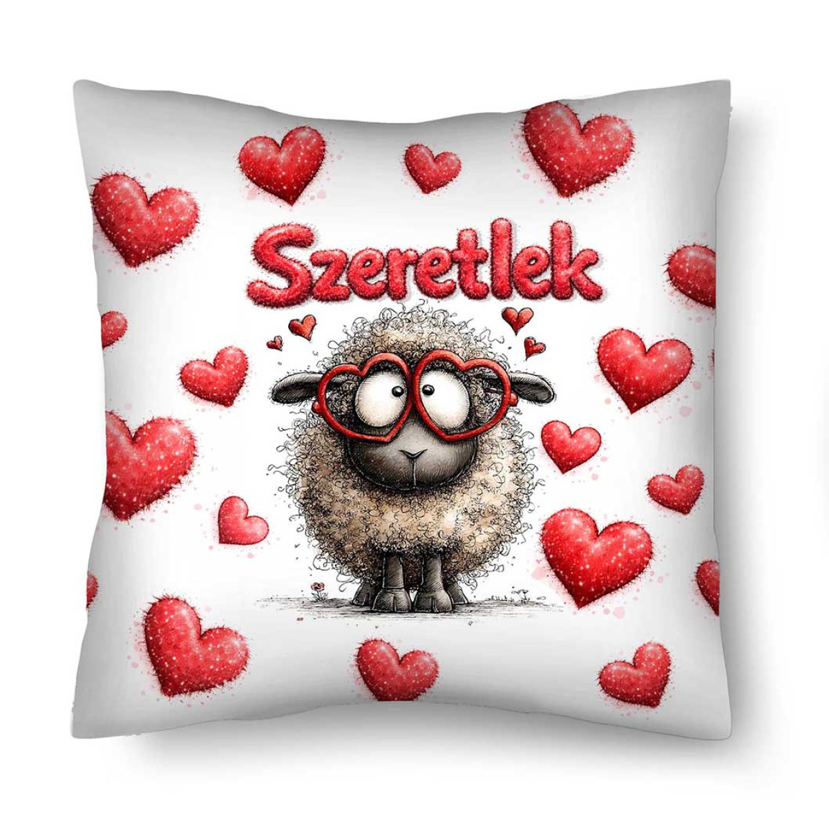 Díszpárna (26×26 cm) „Szeretlek” – Szemüveges bárányos szerelmes párna | Valentin-napi ajándék