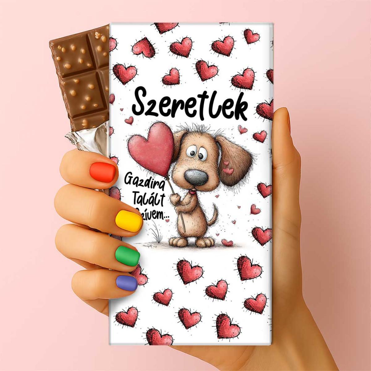 Feliratos puffasztott rizses csokoládé – „Szeretlek, gazdira talált a szívem” | Kutyás szerelmes csoki (75 g)