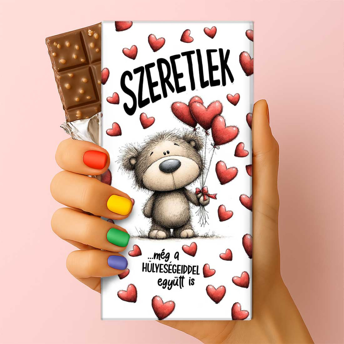 Feliratos puffasztott rizses csokoládé – „Szeretlek… még a hülyeségeiddel együtt is” | Macis szerelmes csoki (75 g)