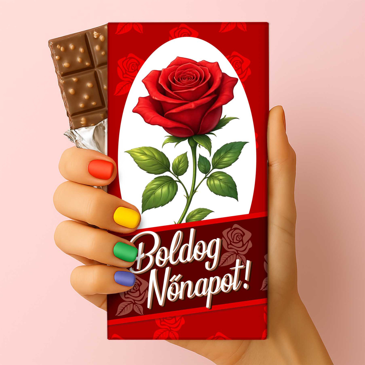 Feliratos puffasztott rizses csokoládé – „Boldog Nőnapot” Nőnapi csoki, Nőnapi Ajándék (75 g)