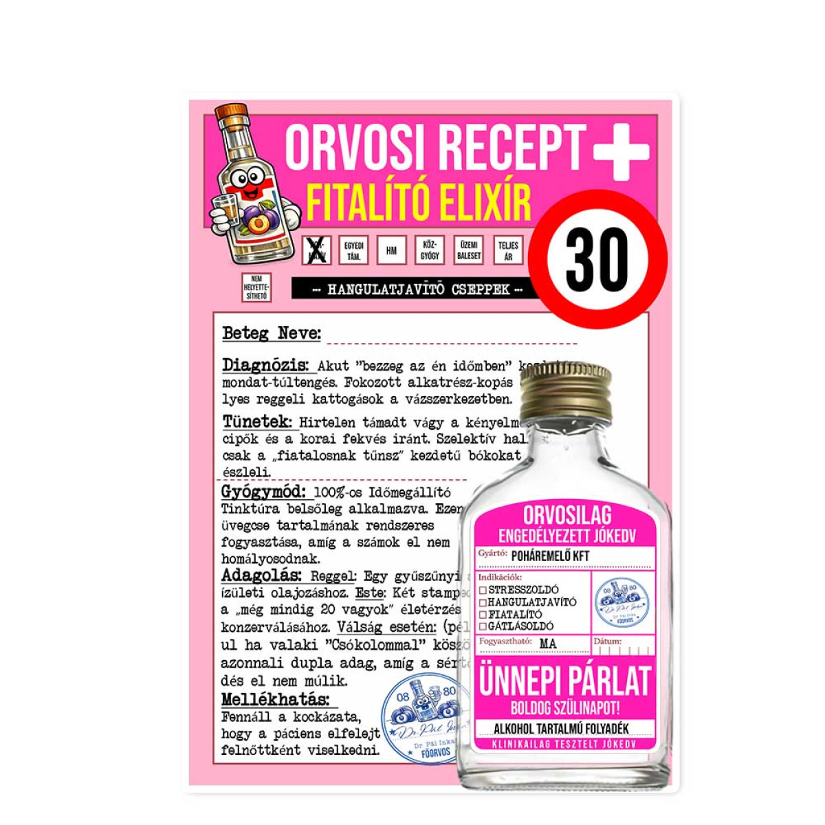 Vicces Orvosi Recept + Laposüveg – Fiatalító Elixír 30 éveseknek - Vicces 30. Születésnapi Ajándék