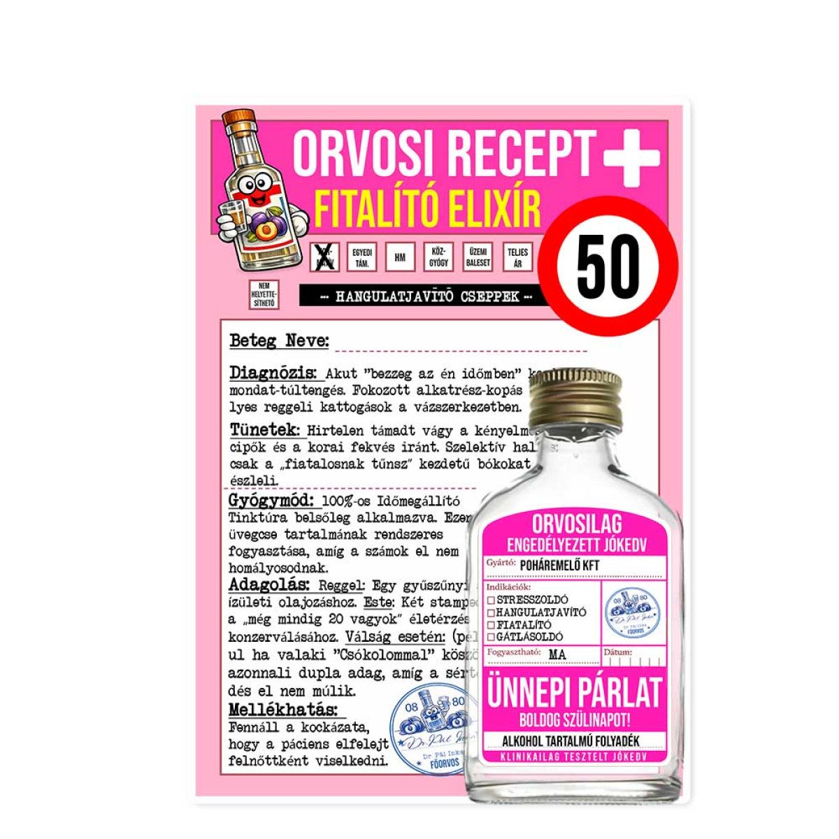 Vicces Orvosi Recept + Laposüveg – Fiatalító Elixír 50 éveseknek - Vicces 50. Születésnapi Ajándék