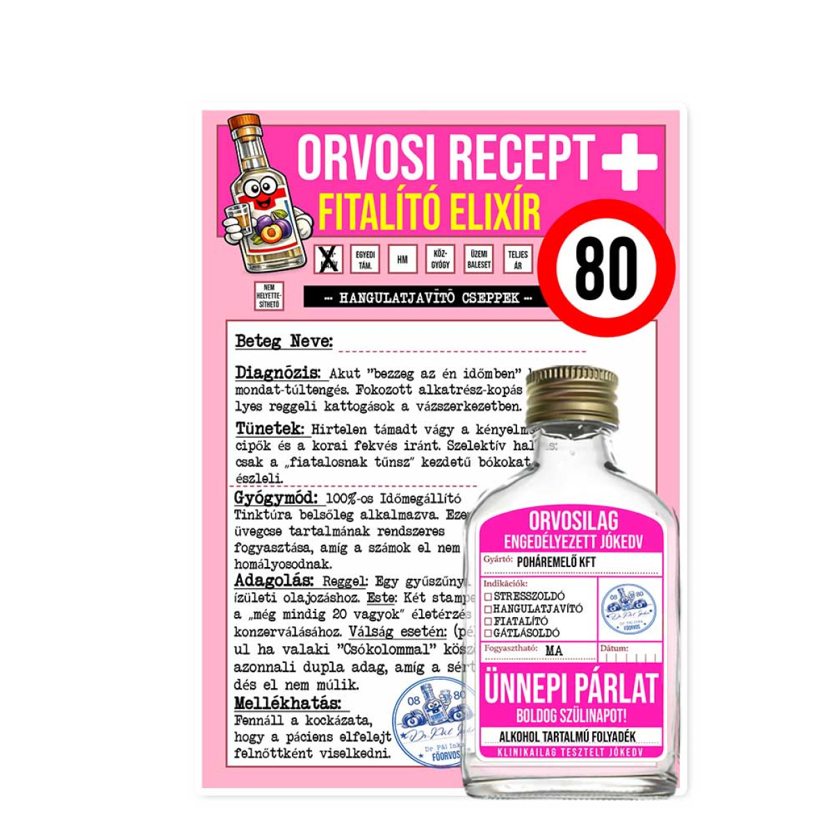 Vicces Orvosi Recept + Laposüveg – Fiatalító Elixír 80 éveseknek - Vicces 80. Születésnapi Ajándék