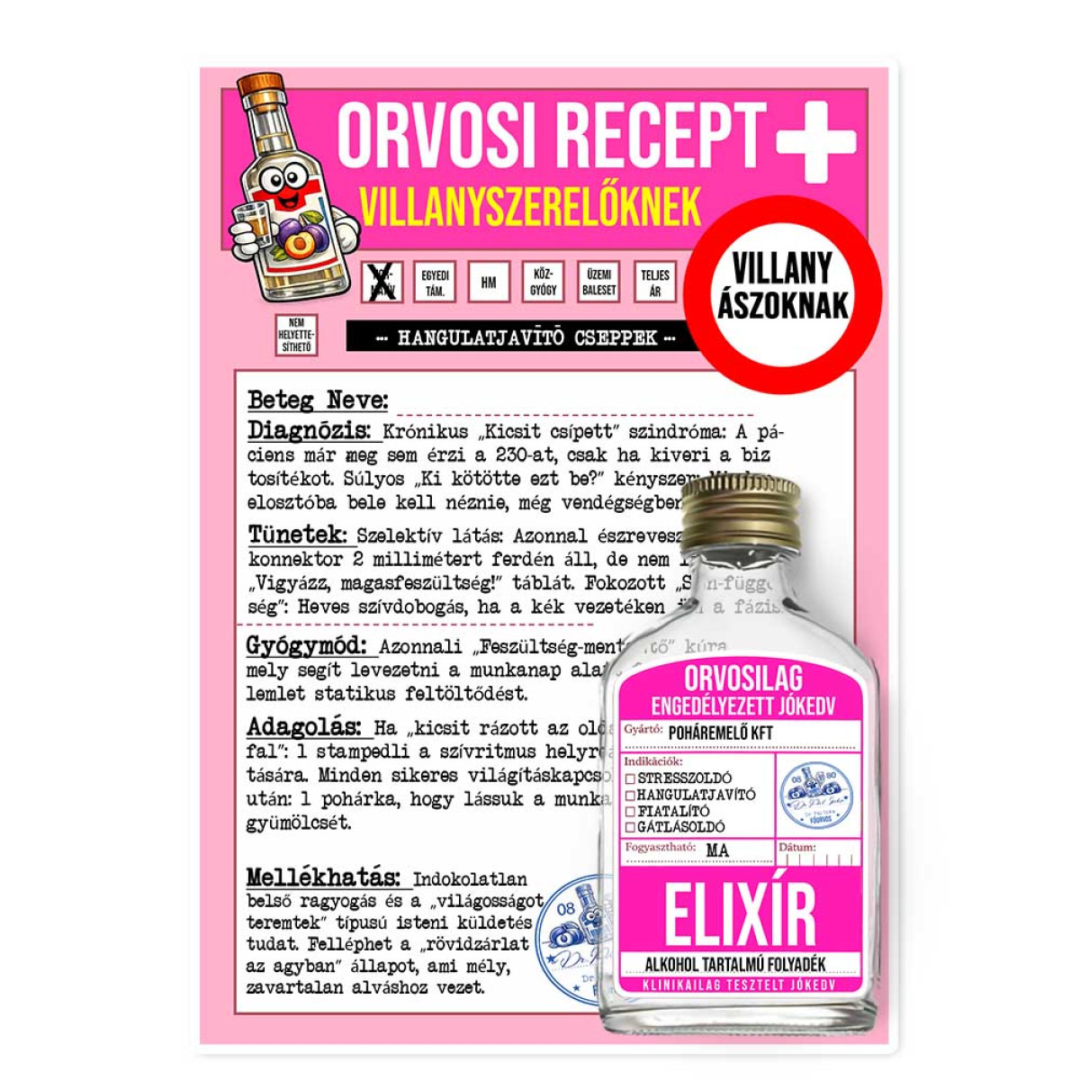 Vicces Orvosi Recept + Laposüveg – Villanyszerelőknek - Vicces Ajándék Villanyszerelőknek