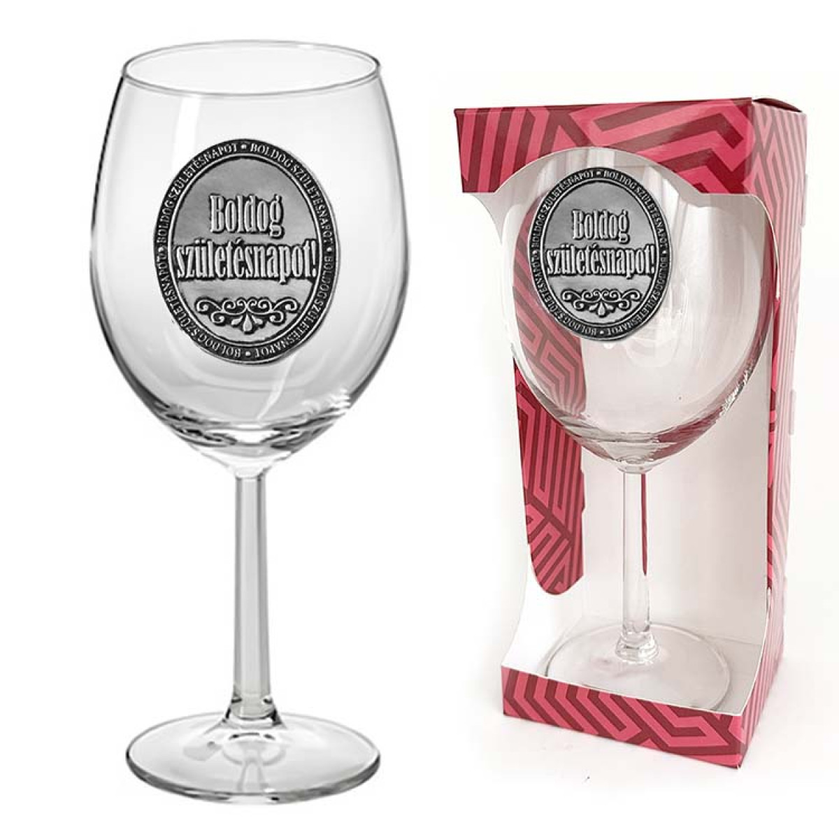 Ovális Fémcímkés Borospohár - Boldog Születésnapot! - feliratú borospohár - Ajándék Születésnapra