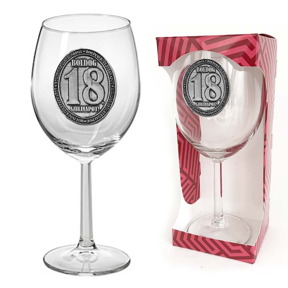 Ovális Fémcímkés Borospohár - Boldog 18. Szülinapot! - feliratú borospohár - Ajándék 18. Születésnapra