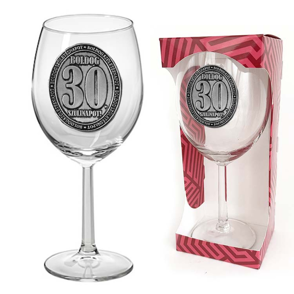 Ovális Fémcímkés Borospohár - Boldog 30. Szülinapot! - feliratú borospohár - Ajándék 30. Születésnapra