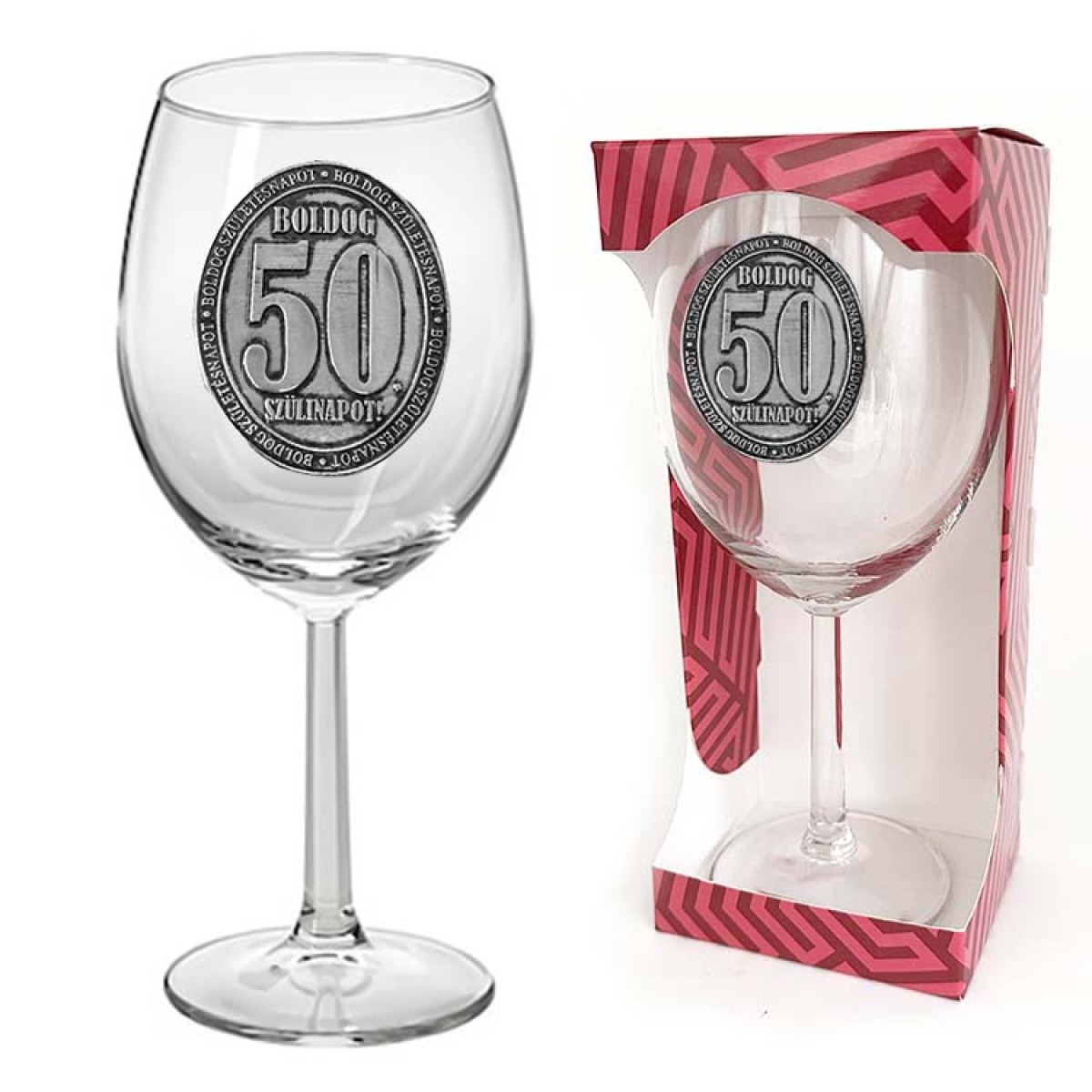 Ovális Fémcímkés Borospohár - Boldog 50. Szülinapot! - feliratú borospohár - Ajándék 50. Születésnapra