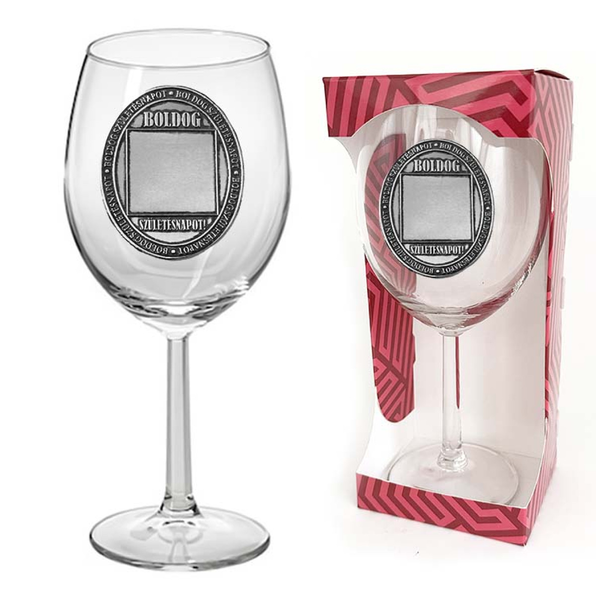 Ovális Fémcímkés Borospohár - Boldog Születésnapot! - feliratú borospohár - Egyedi Számmal Rendelhető Születésnapi Ajándék