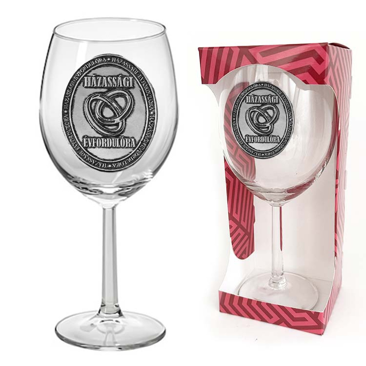 Ovális Fémcímkés Borospohár - Házassági Évfordulóra feliratú borospohár - Ajándék Házassági Évfordulóra