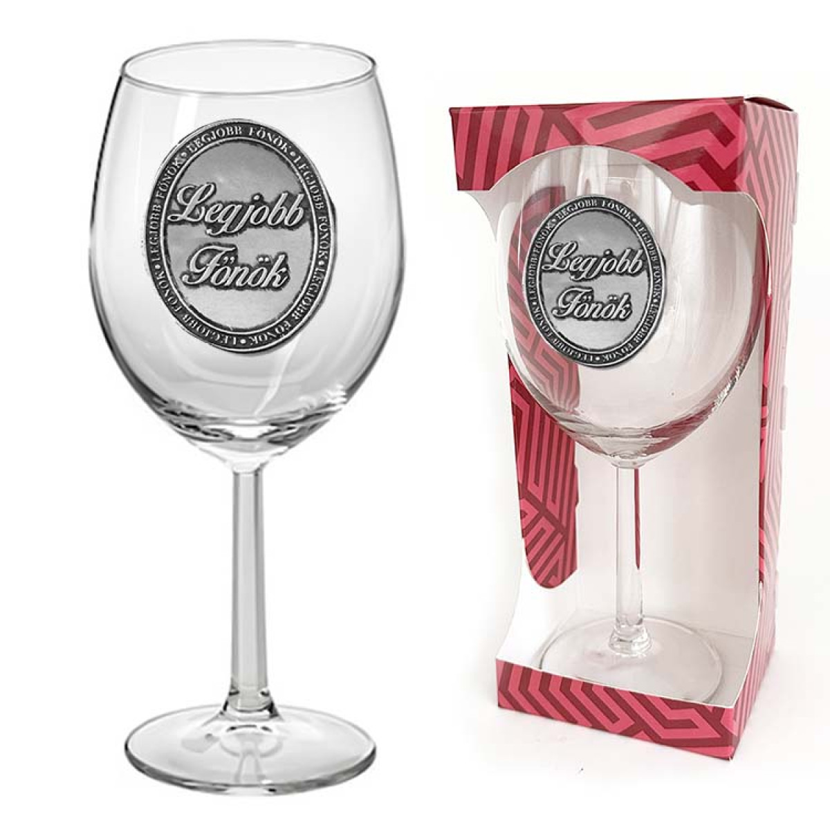 Ovális Fémcímkés Borospohár - Legjobb Főnök felirattal - Ajándék Főnököknek