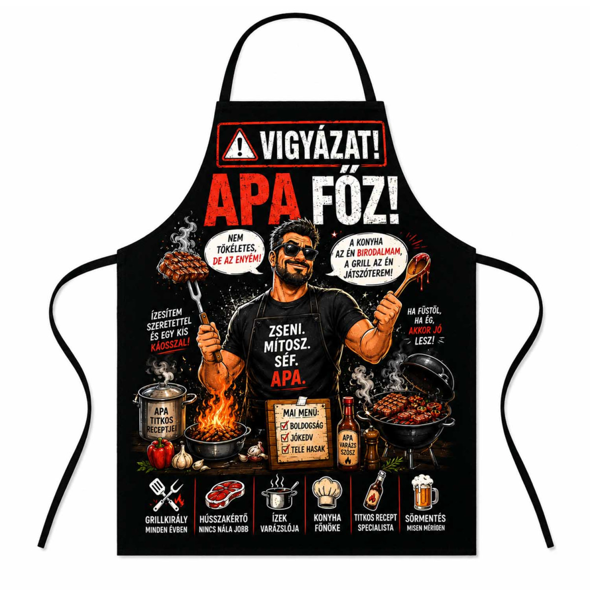(TK079) Vicces kötény - Vigyázat, Apa Főz - Apáknak Ajándék