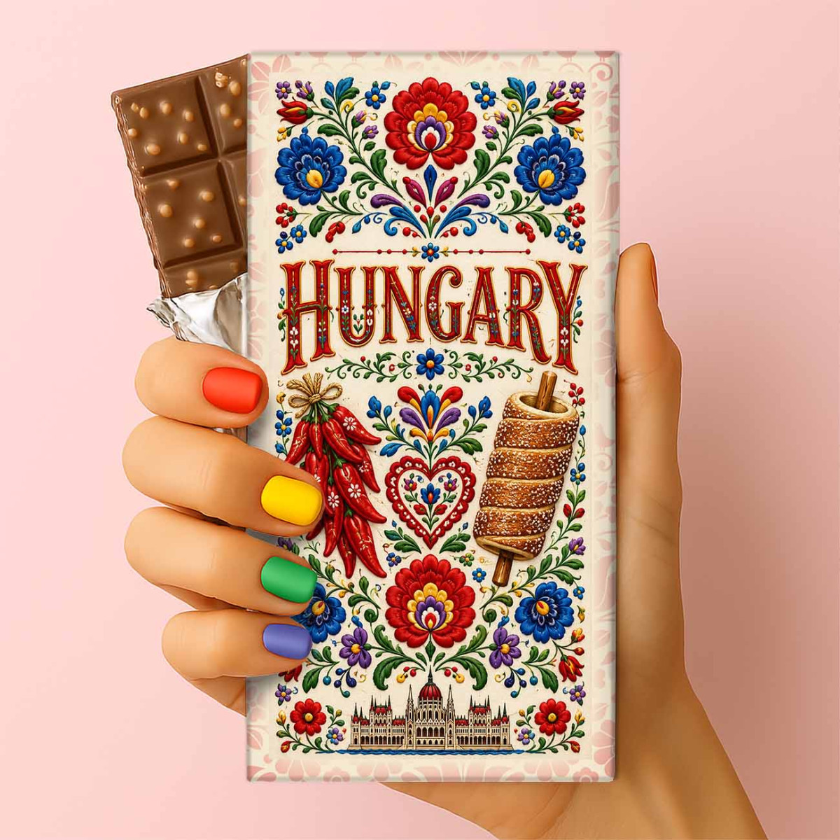 Csoda Csoki - Hungary csoki – Kalocsai mintás magyar szuvenír csokoládé kürtőskaláccsal és paprikával