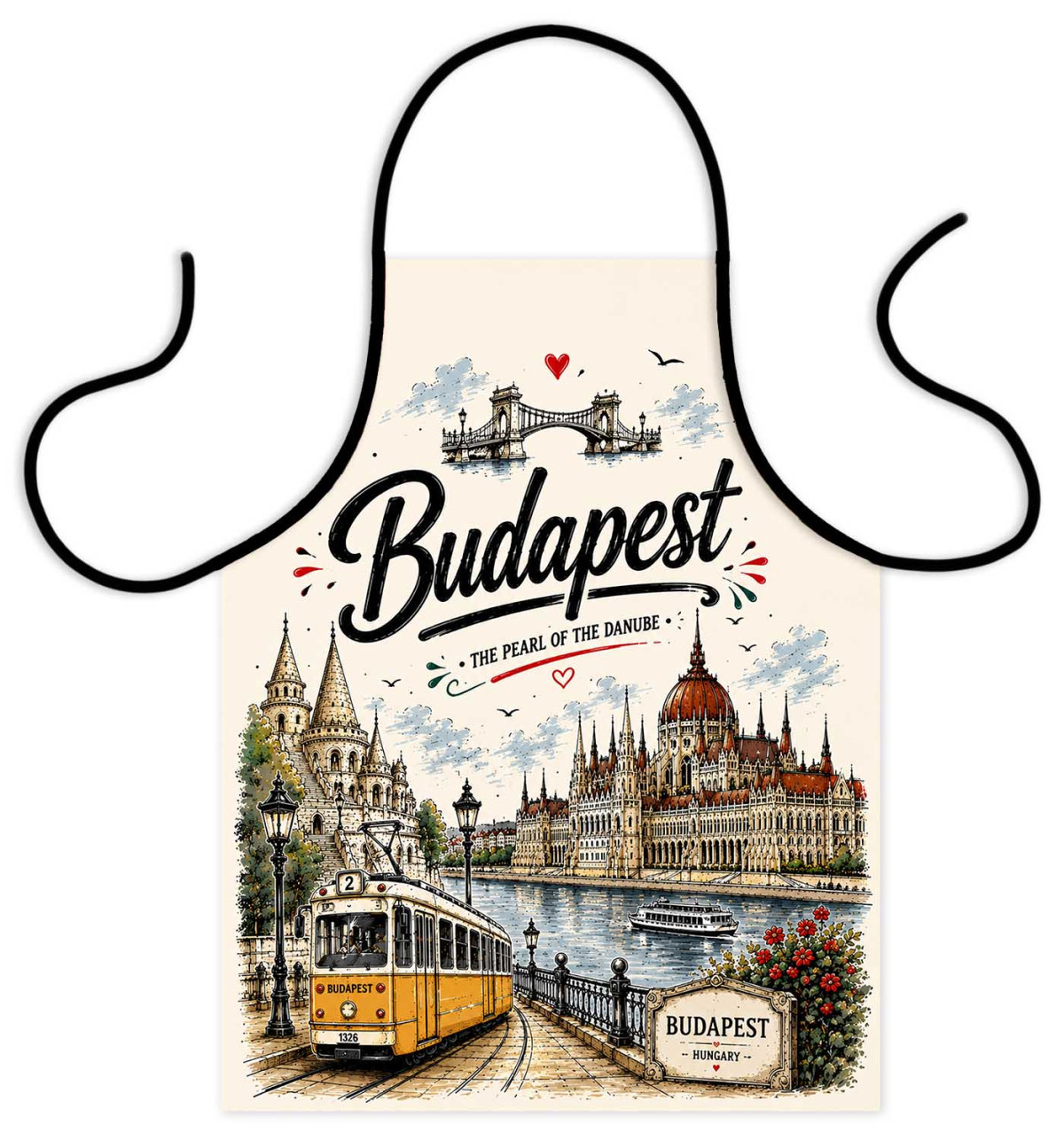 (TK095) Budapest Hungary Kötény – Parlament és Sárga Villamos Mintával