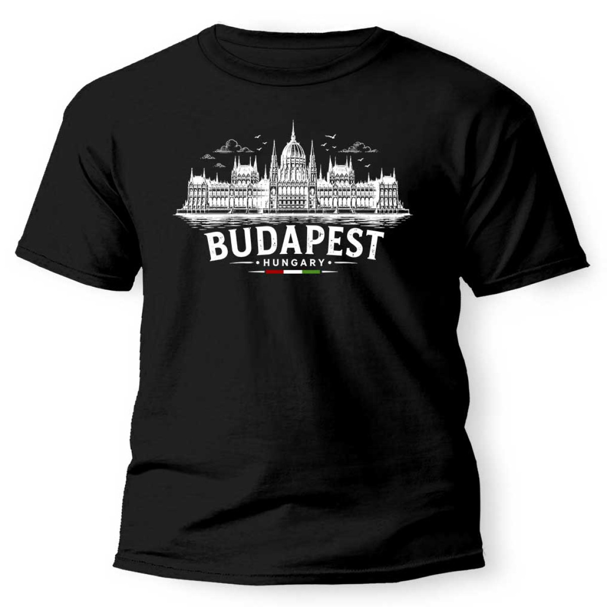 (PX345) Budapest Póló –Parlament Budapest Zászló - Fekete 100% Pamut Magyar Szuvenír Budapest Sziluettel