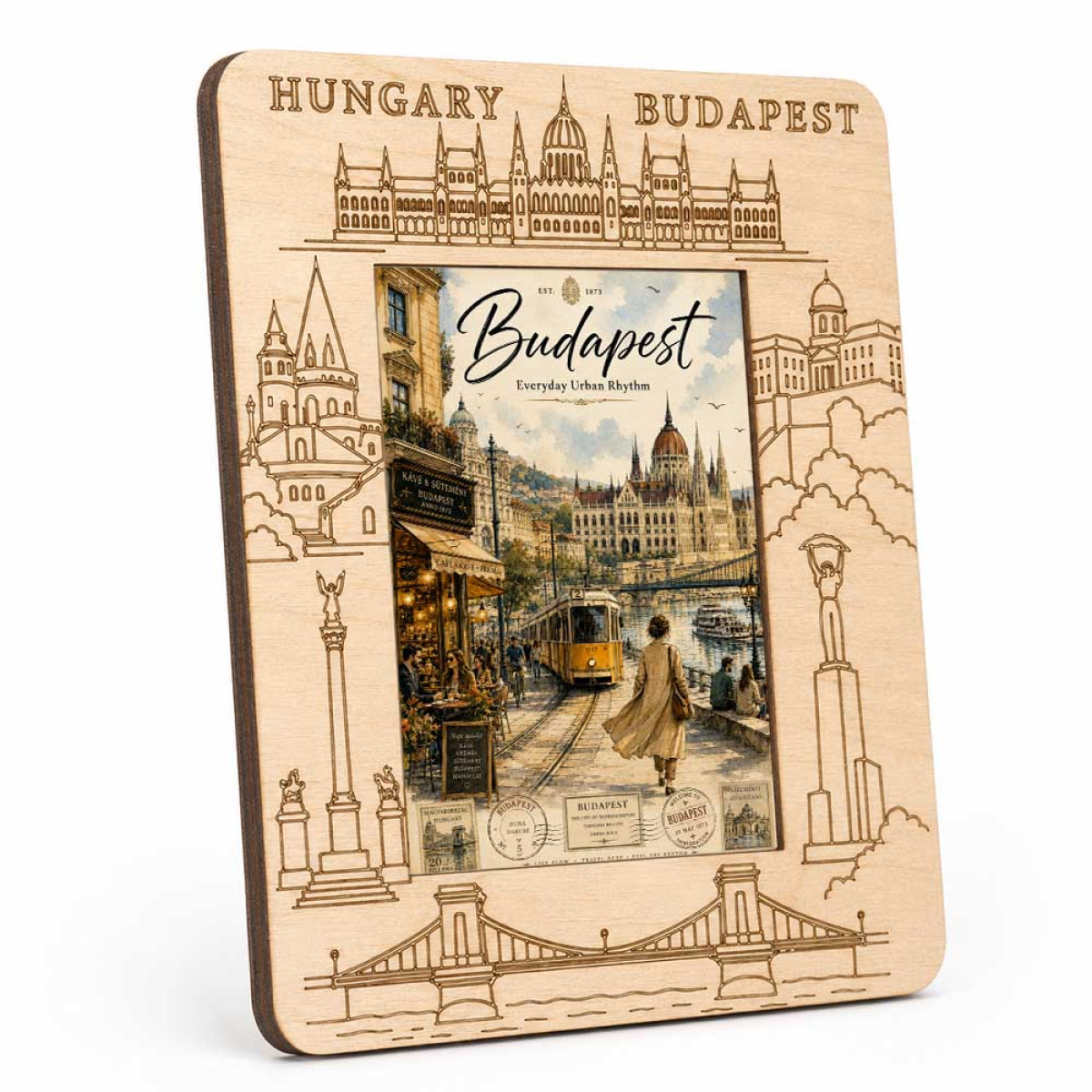 Gravírozott Fa Képkeret Budapest Képpel - Budapest Városi Hangulat Villamossal - Hungary Szuvenír