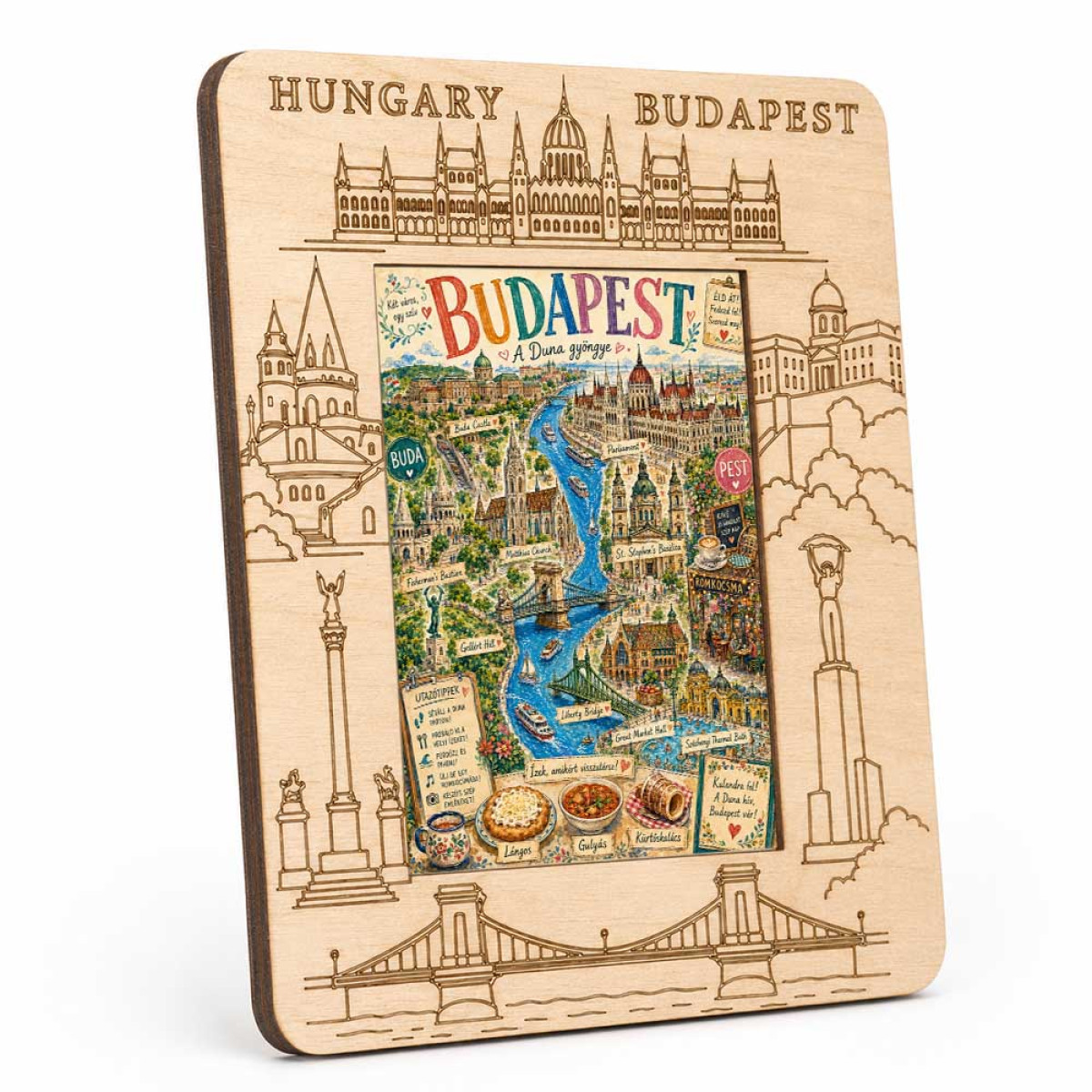 Gravírozott Fa Képkeret Budapest Képpel - Budapest A Duna Gyöngy - Hungary Szuvenír