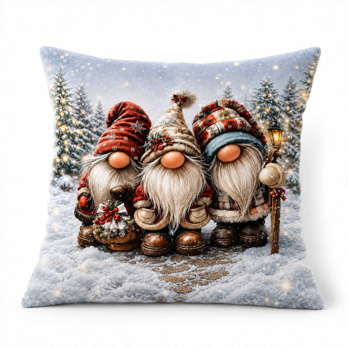(NNP217) Nagy Négyzet Karácsonyi Plüss Párna 45 x45 cm - Karácsonyi Manós Plüss Párna – Téli Gnómokkal