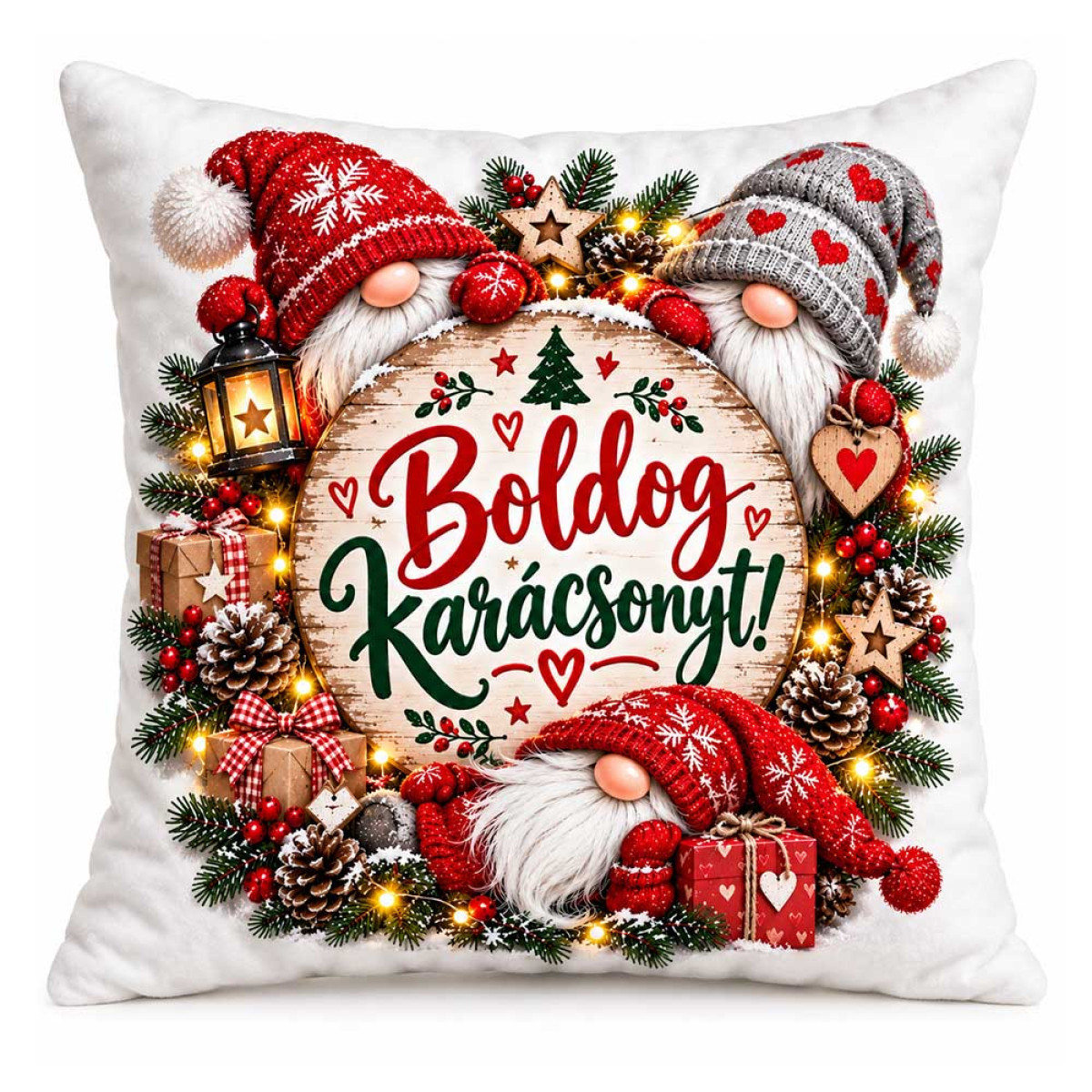 (NNP219) Karácsonyi Nagy Plüss Párna 45x45cm - Boldog Karácsonyt! Fehér Gnóm Manós Mintával