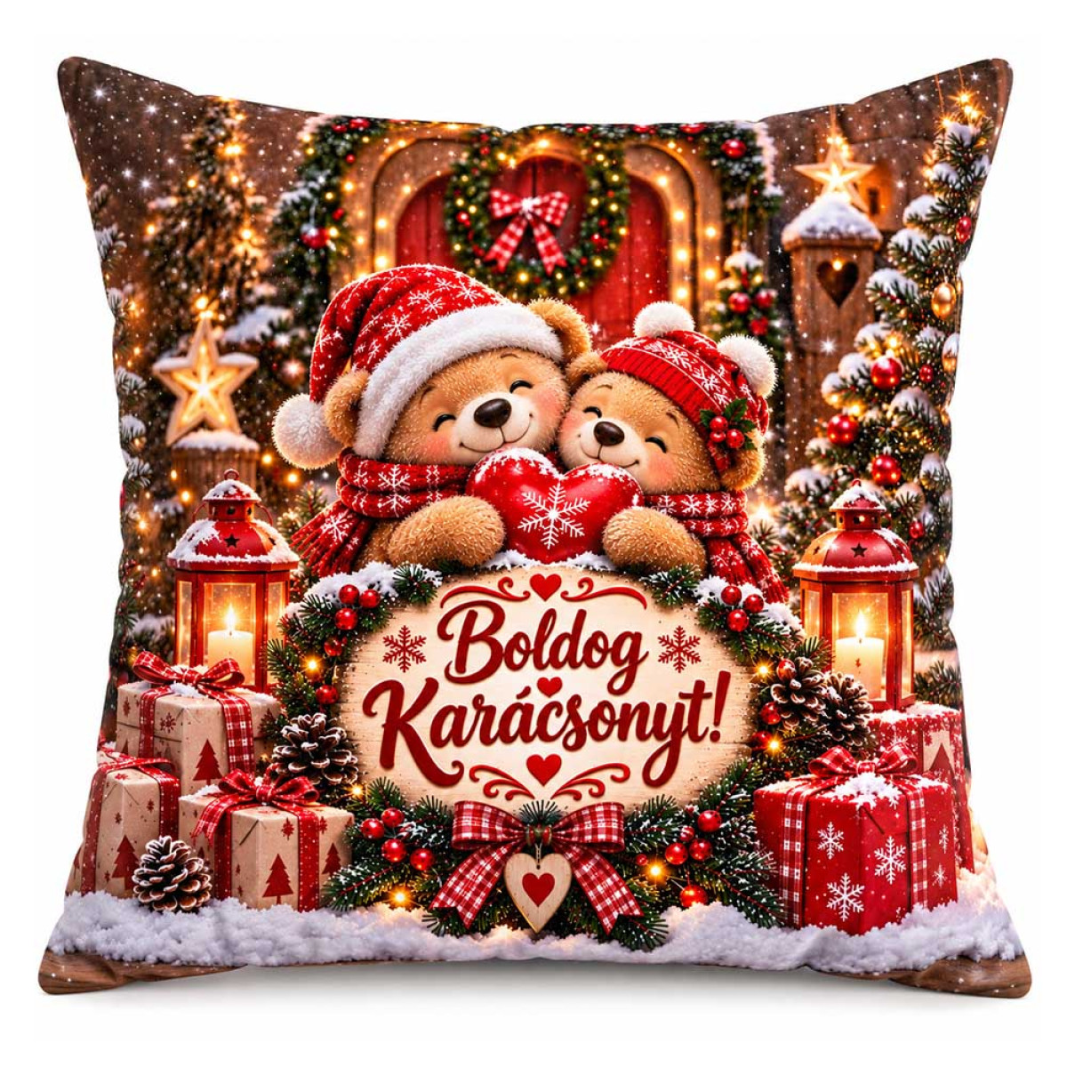 (NNP220) Karácsonyi Nagy Plüss Párna 45x45cm - Boldog Karácsonyt! Macipáros Mintával