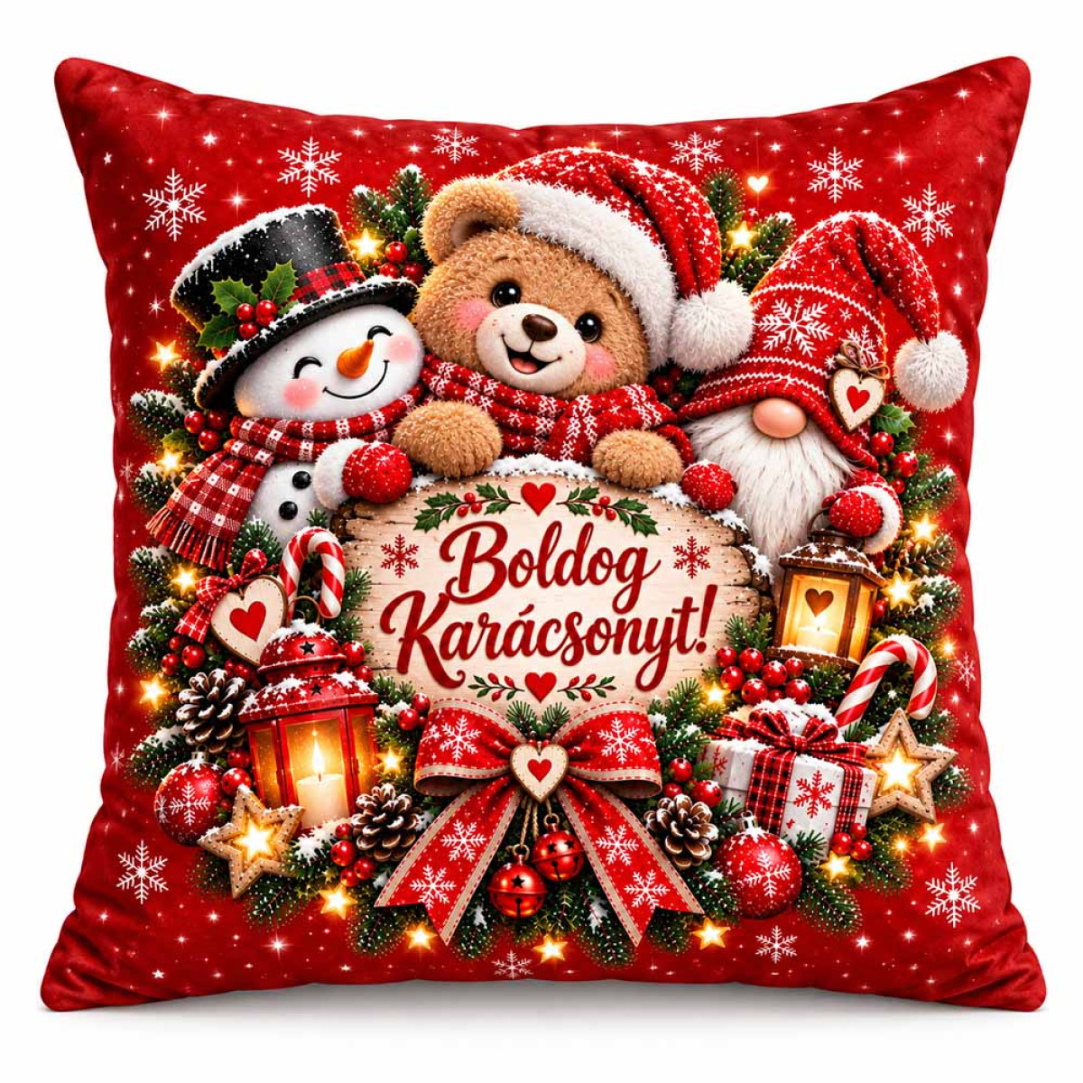 (NNP221) Karácsonyi Nagy Plüss Párna 45x45cm - Boldog Karácsonyt! Hóember, Maci és Gnóm Manós Mintával
