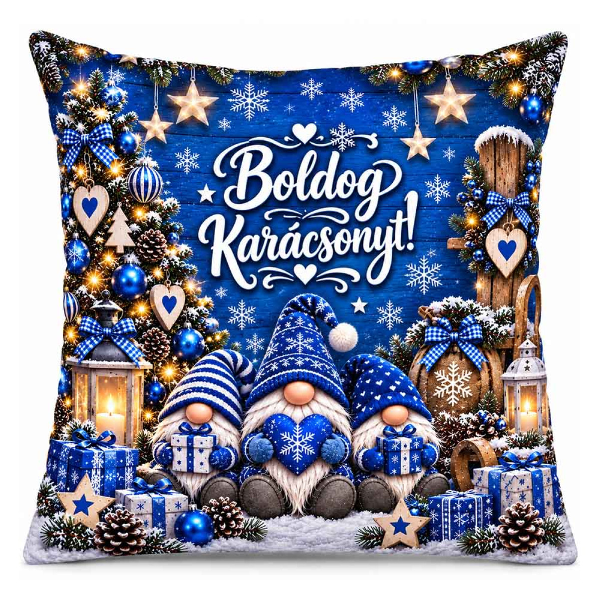 (NNP222) Karácsonyi Nagy Plüss Párna 45x45cm - Boldog Karácsonyt! Kék Három Gnóm Manós Mintával