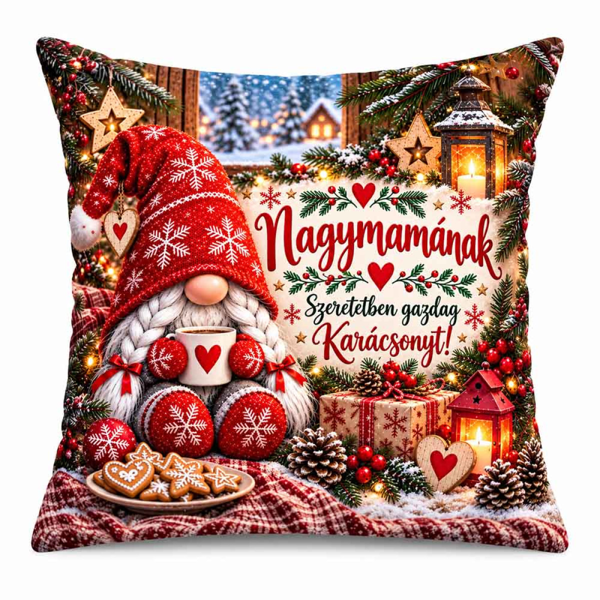 (NNP223) Karácsonyi Nagy Plüss Párna Nagymamának 45x45cm - Szeretetben Gazdag Karácsonyt! Gnóm Manós Mintával